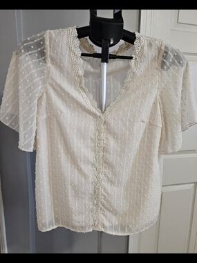 Women’s Cream Swiss Dot Lace Trim Blouse